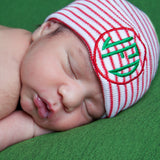 Red and White Striped Christmas Circle Monogram Newborn Baby Hospital Beanie Hat - Gender Neutral Infant Hat Newborn Hat