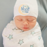 I Love You to the Moon and Back Patch Newborn Hospital Beanie Hat and Star Swaddle Set - Gender Neutral Infant Hat Newborn Hat