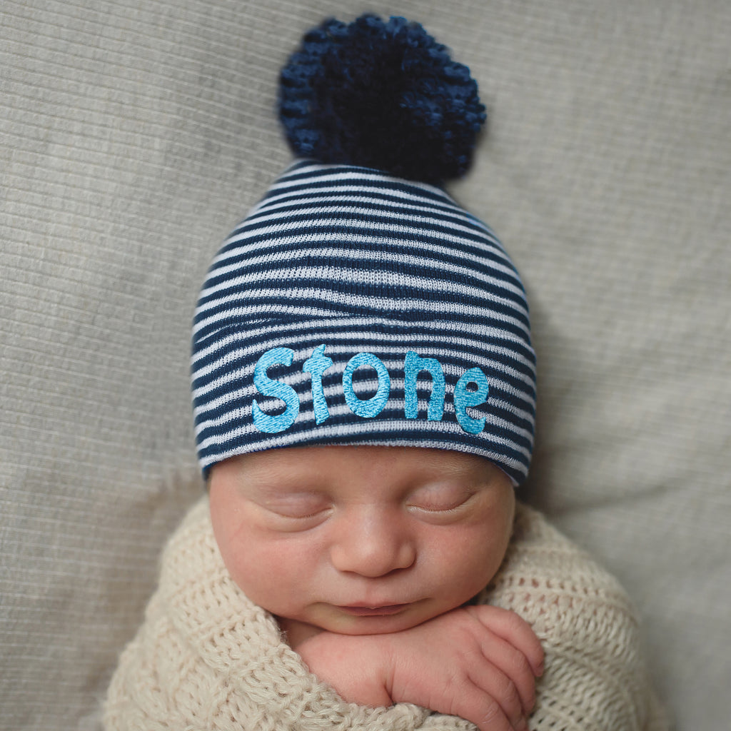 Personalized Navy Blue and White Striped Newborn Boy Hospital Beanie Hat with Navy Blue Pom Pom