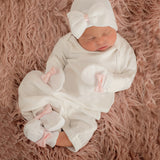 White and Pink Satin Bow Nursery Take Me Home Set for Newborn Girls - 4 Piece Set