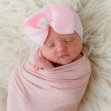 White and Pink Striped Newborn Baby Girl Hospital Beanie Hat with Pink Ribbon Bow and Rhinestone, Newborn Hat Infant Hat