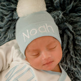 Personalized Blue Newborn Baby Boy Hospital Beanie Hat With White Pom Pom