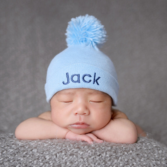 Personalized Blue Newborn Baby Boy Hospital Beanie Hat With Pom Pom Infant Hat Newborn Hat