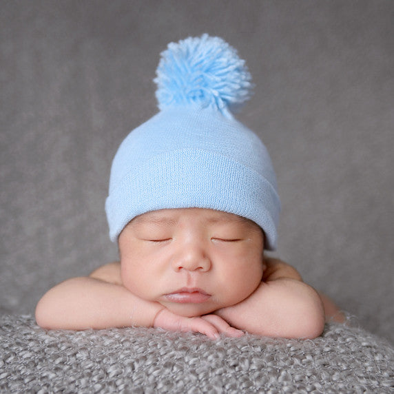 Newborn Baby Boy Hospital Beanie Hat with Pom Pom,Infant Hat Newborn Hat, Blue Color
