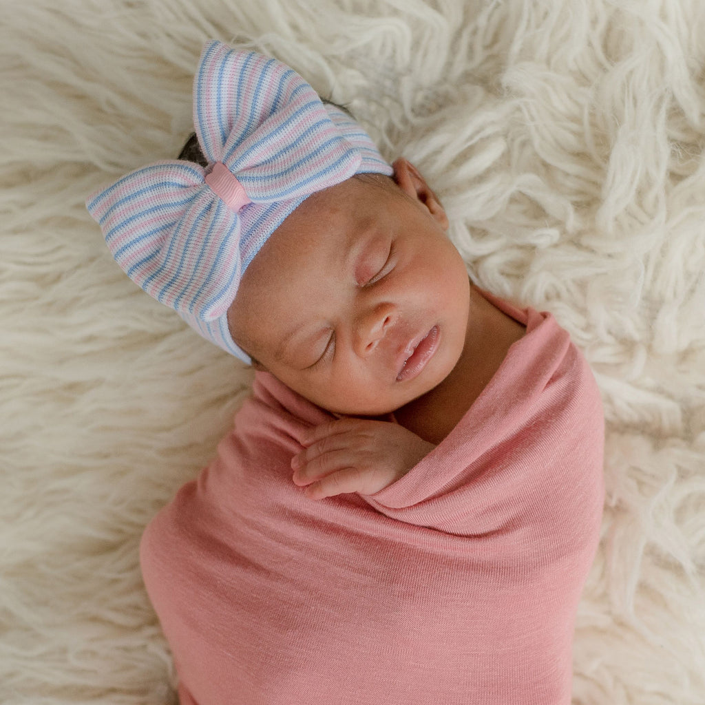 Traditional Striped Newborn Baby Girl Nursery Headband with Bow & Pink Center, Infant Headband Newborn Headband with Bow