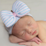 Traditional Striped Newborn Baby Girl Nursery Headband with Bow & Pink Center, Infant Headband Newborn Headband with Bow