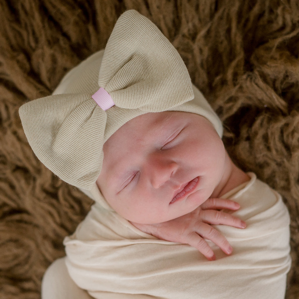 Oatmeal Bow Beanie with White or Pink Ribbon Center - Oatmeal Hospital Hat - Monogram Optional