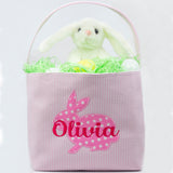 Pink Or Blue Seersucker Baby and Toddler EASTER basket! Personalized Baby Easter Basket - Polka Dot Bunny Applique with Embroidered Name (TOTE ONLY)