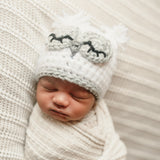 Sleepy Owl White Newborn Crochet Beanie Hat - Infant Winter Beanie Hat Newborn Crochet Baby Hat, Handmade in the USA