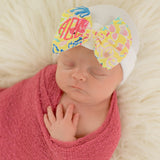Monogrammed Palm Beach Newborn Baby Girl Hospital Beanie Hat with Bow, White Color Hat