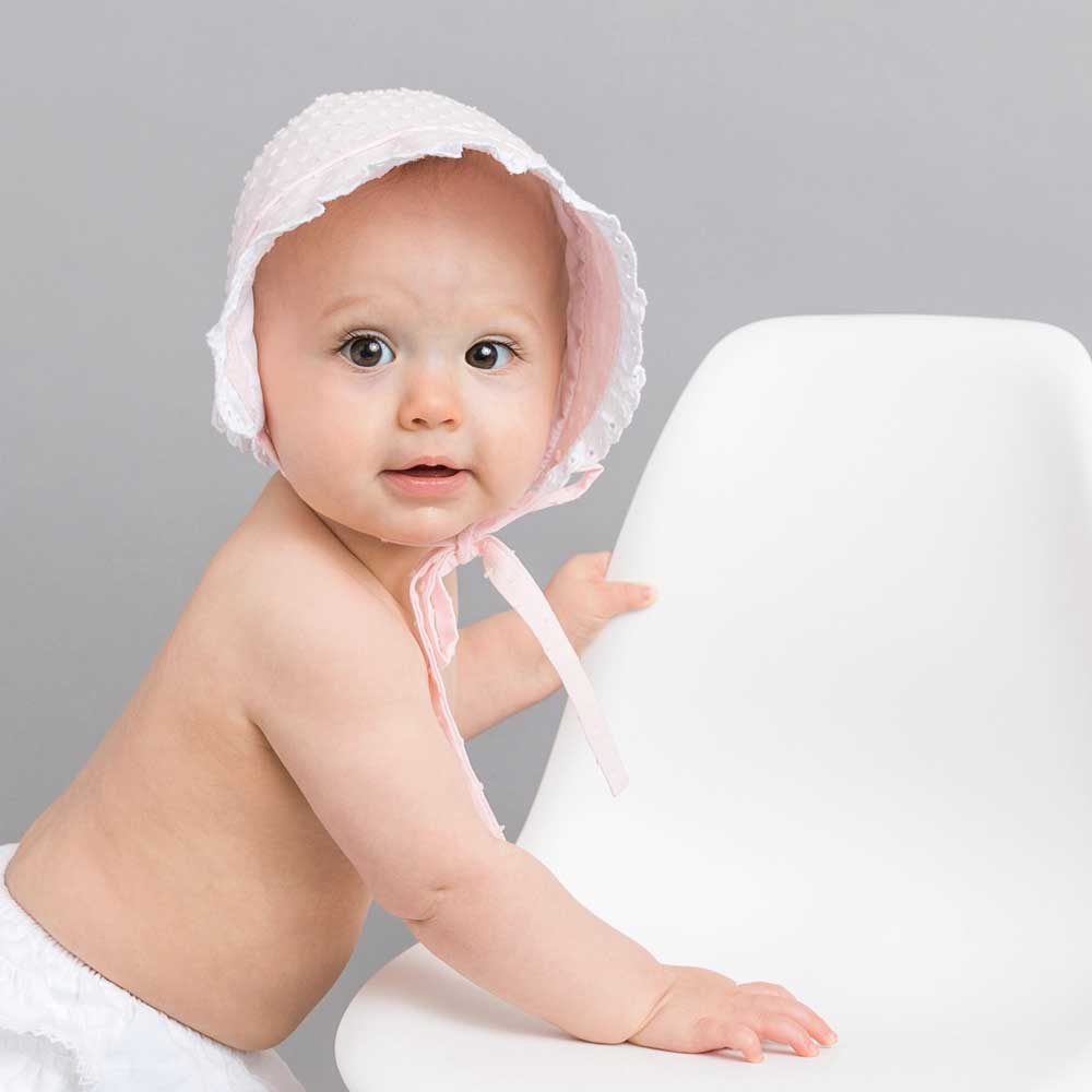 Pink French Baby Bonnet with Eyelet Trim - Baby Girl Bonnet- Monogram Optional Newborn Hat Infant Hat