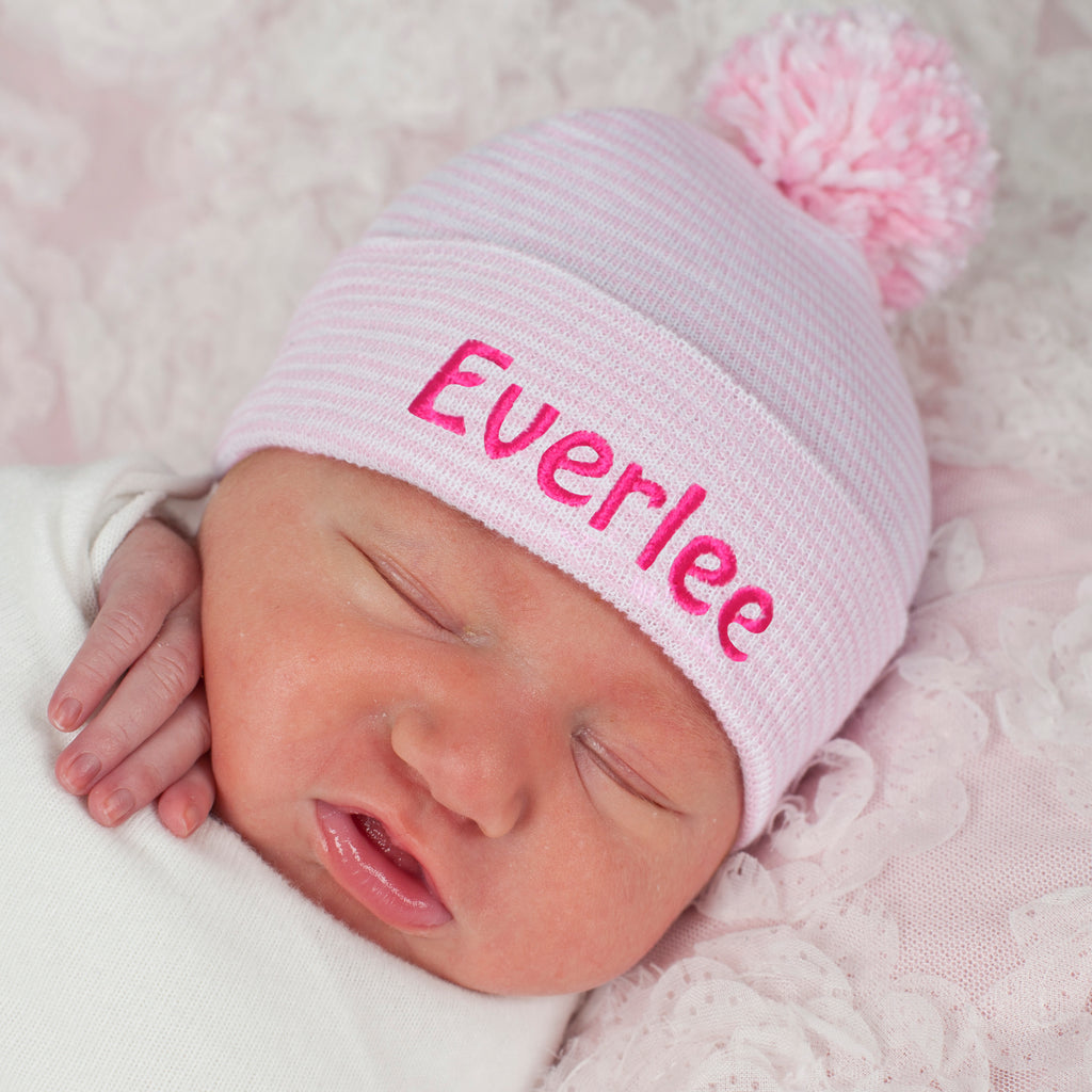 Personalized Striped Pink and White Nursery Hospital Beanie Hat with Mixed Pink and White Pom Pom Infant Hat Newborn Hat