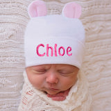 White Newborn Baby Girl Hospital Nursery Beanie Hat with Pink Bear Ears, Newborn Hat Infant Hat