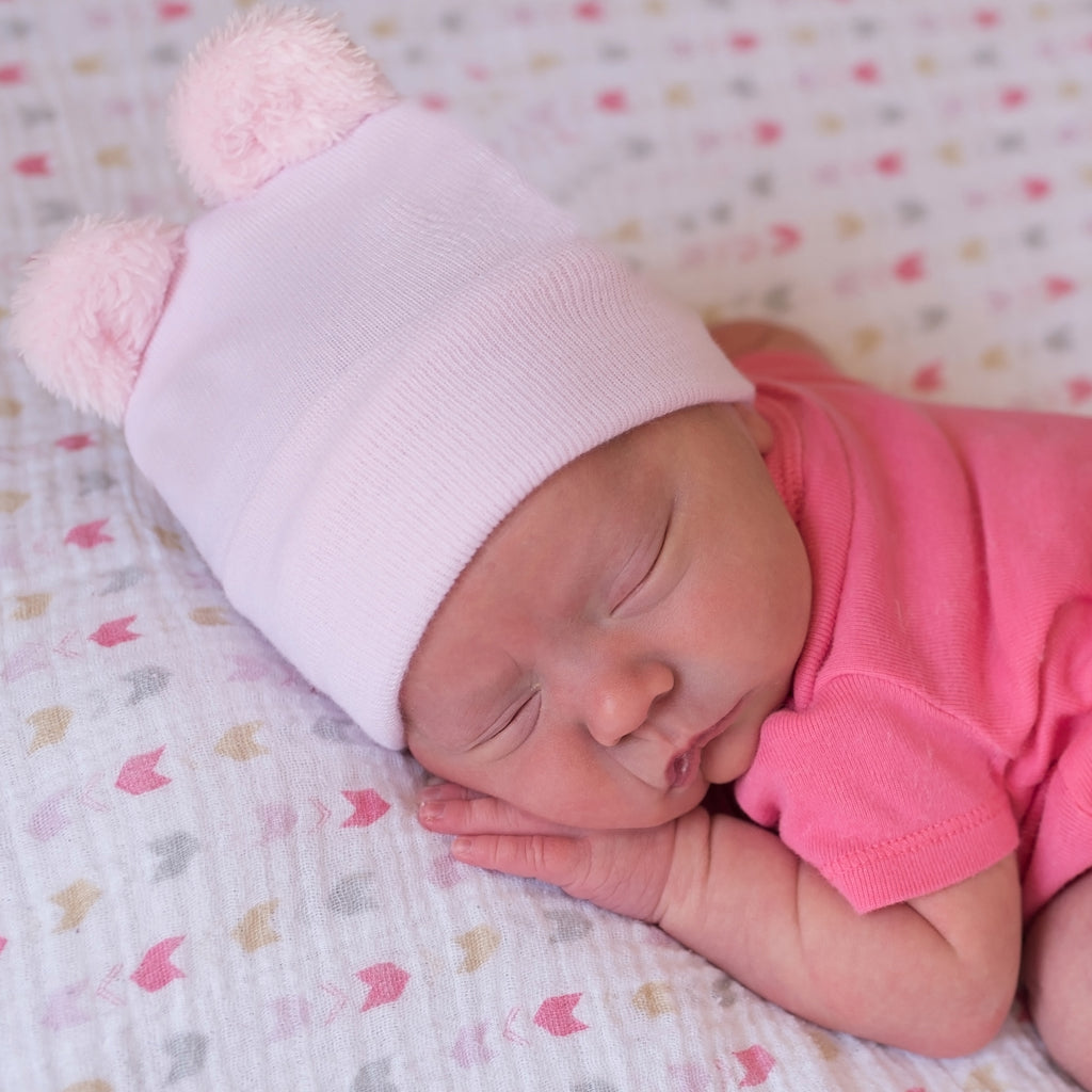 Pink Fuzzy Bear Ear Newborn Girl Hospital Hat for Newborn Girls - Pink Nursery Beanie Newborn Hat Infant Hat