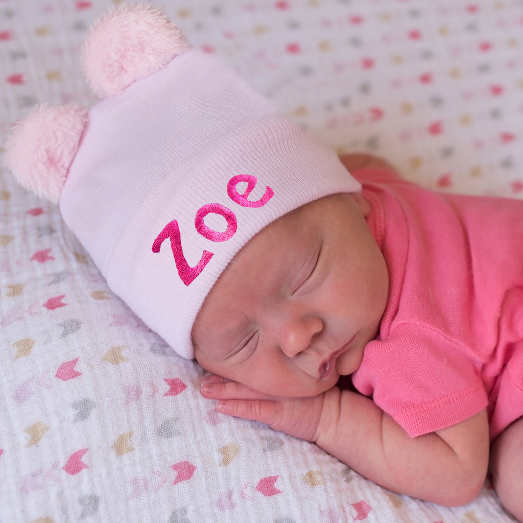 Personalized Pink Newborn Baby Girl Hospital Beanie Hat with Fuzzy Bear Ear - Pink Nursery Beanie Baby Hat