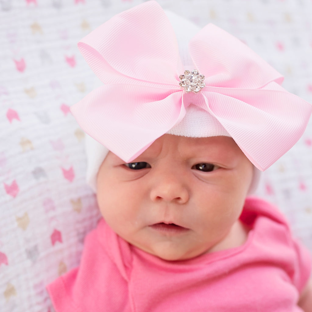 Precious Pink Big Bow with Rhinestone Newborn Girl Hospital Hat - White Hat Newborn Hat Infant Hat