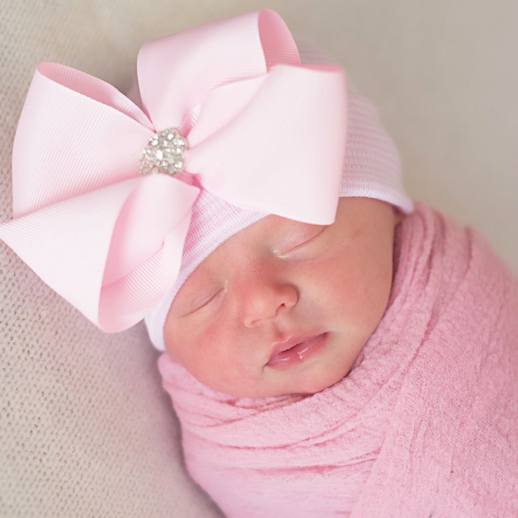 Pink and White Striped Hospital Hat with Pink Ribbon Bow with Rhinestone Center Newborn Hat Infant Hat