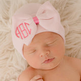 Soft Pink Newborn Baby Girl Hospital Beanie Hat with Embroidered Monogram Bow, Newborn Hat Infant Hat