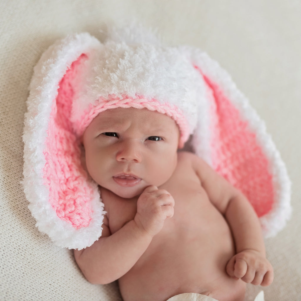 Little Bunny Foo Foo Fluffy Baby Girl Easter Bunny Hat, Pink and White Newborn Winter Crochet Baby Hat