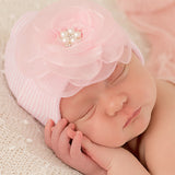 Newborn Baby Girl Beanie Hat with White Layered Chiffon Flower with Pearl Center, White Color Infant Hat Newborn Hat