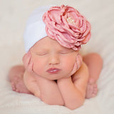 White Color Newborn Baby Beanie Hat with Layered Pink Silk Flower with Pearl Rhinestone Center Infant Hat Newborn Hat