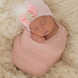 Pink Newborn Baby Girl Hospital Beanie Bow Hat With White or Pink Fancy Feather, Pearl and Rhinestone Jewel