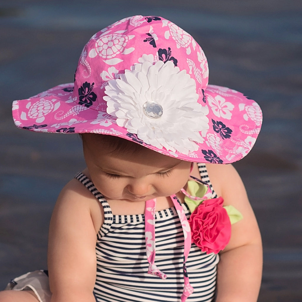 Flap Happy Pink Hawaiian Floral Printed Girls Sun Hat - Removable White Daisy Flower Newborn Hat Infant Summer Hat 6-12 Months