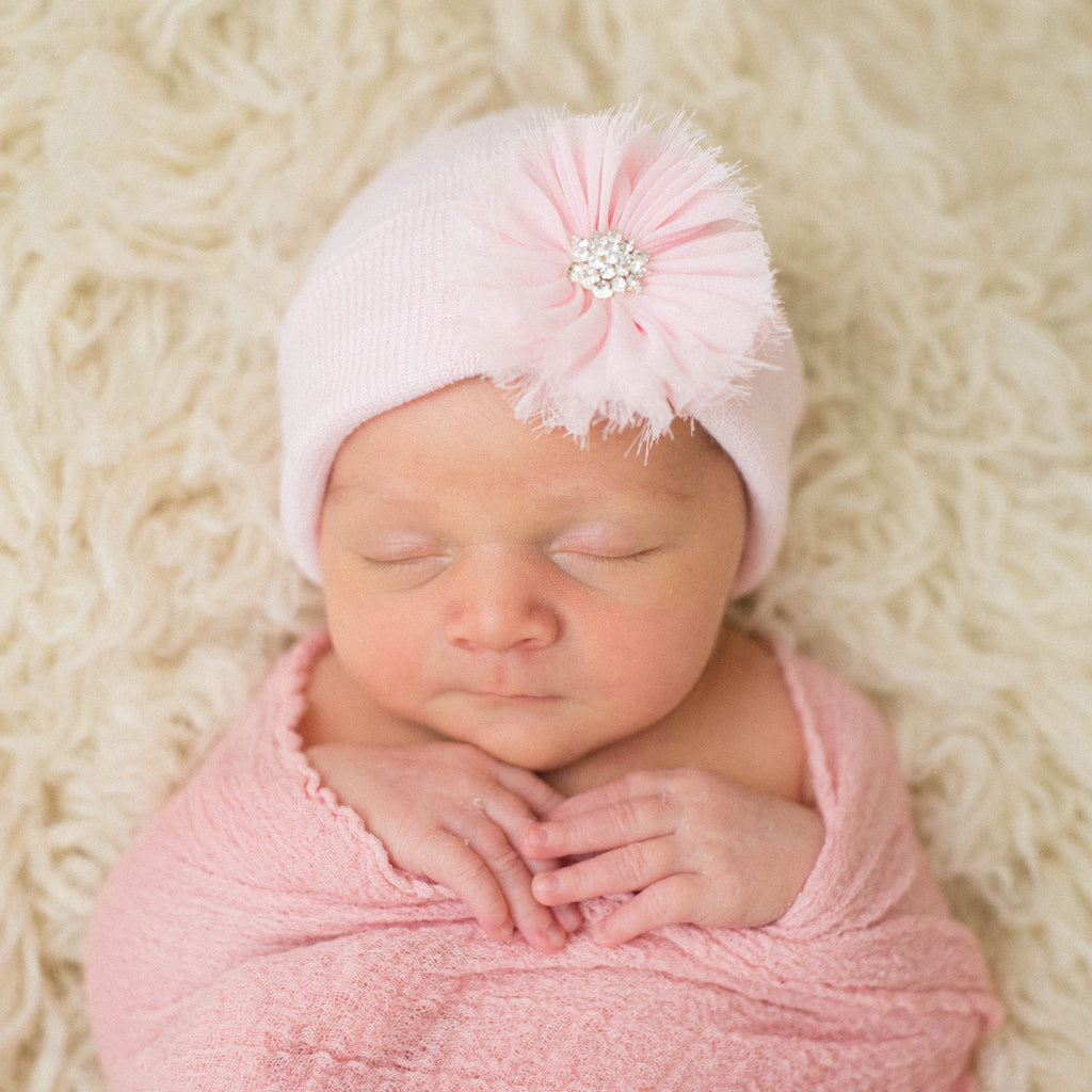 Pink Hat with Pink Frayed Flower Newborn Girl Hospital Hat - Pink Hat Newborn Hat Infant Hat