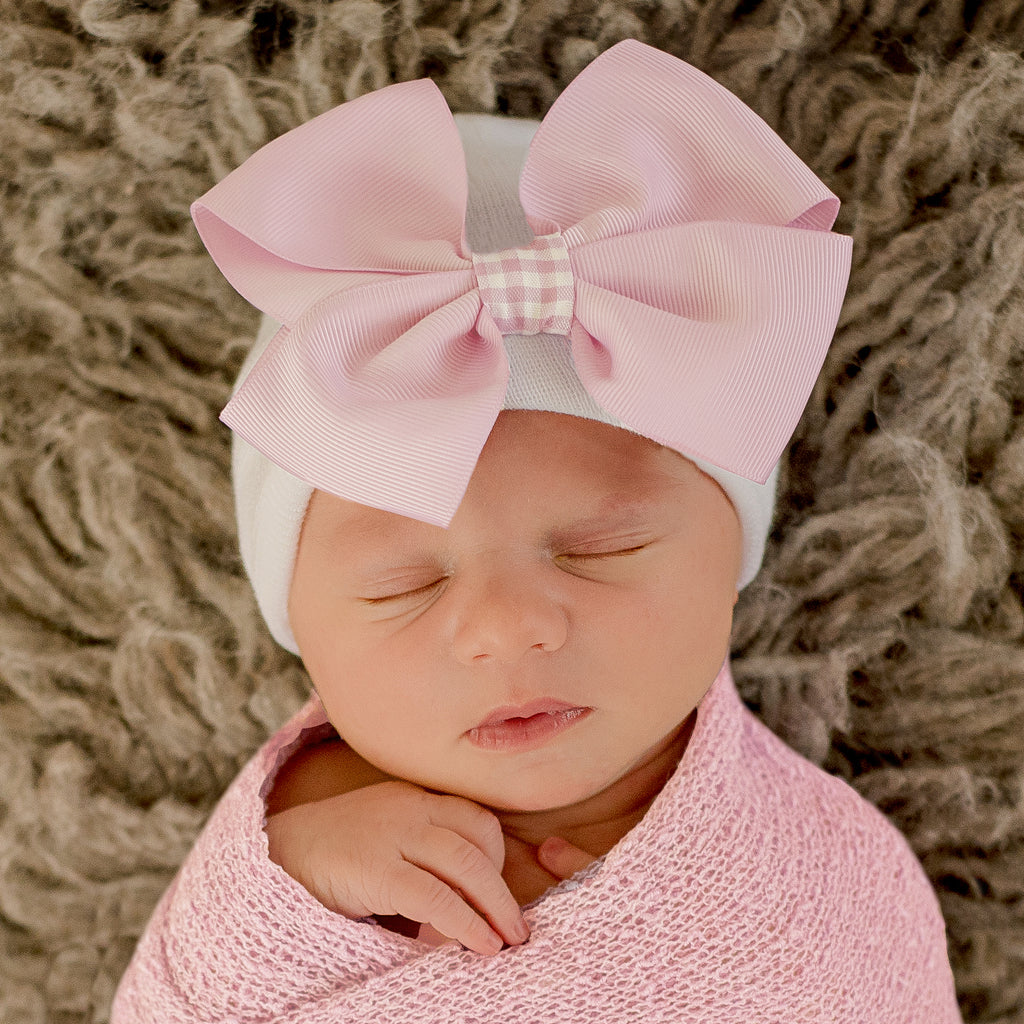 Pink Gingham Bow Newborn Girl Hat -Pink Bow with Pink Gingham Ribbon on White Hat Newborn Hat Infant Hat