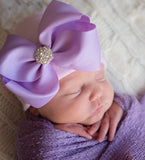 White or Pink Newborn Baby Girl Hospital Beanie Hat with Purple Ribbon Bow Newborn Hat Infant Hat