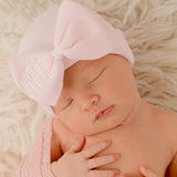 Soft Pink Newborn Girl Hospital Beanie Hat Bow with Monogrammed Initials Newborn Hat Infant Hat