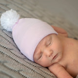 Solid Pink Newborn Baby Girls Nursery Beanie Hat with White Pom Pom - Infant Hat Newborn Hat