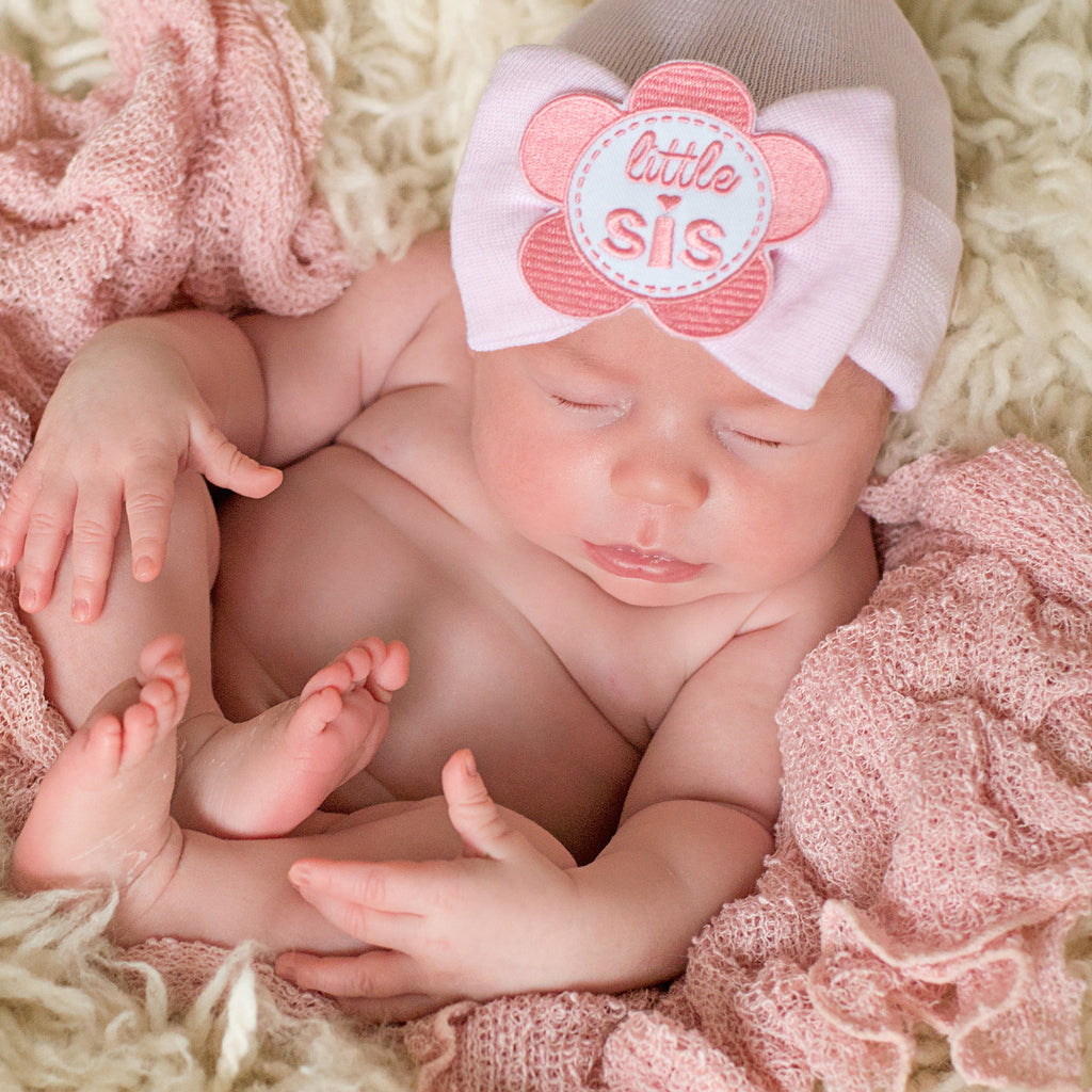 Newborn Baby Girl Hospital Beanie Hat With Pink Little Sis Flower Patch Big Bow, Newborn Hat Infant Hat