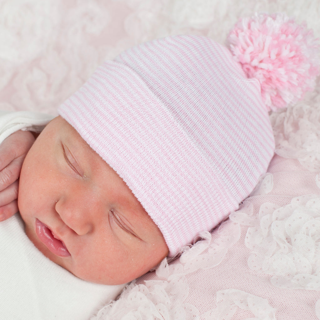 Striped Pink and White Nursery Hospital Hat with Mixed Pink and White Pom Pom Infant Hat Newborn Hat