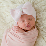 White Nursery Big Bow Newborn Girl Hospital Hat with Pearl and Rhinestone Center - White Infant Hat Newborn Hat