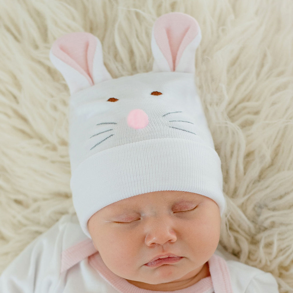 Pink Bunny Face Newborn and Baby Girl Hospital Beanie Hat with Bunny Ears, Newborn Hat Infant Hat