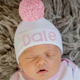 White Newborn Girl Hospital Beanie Hat with Pink Pom Pom Newborn Girl Hospital Hat - Personalized Newborn Girl Hat