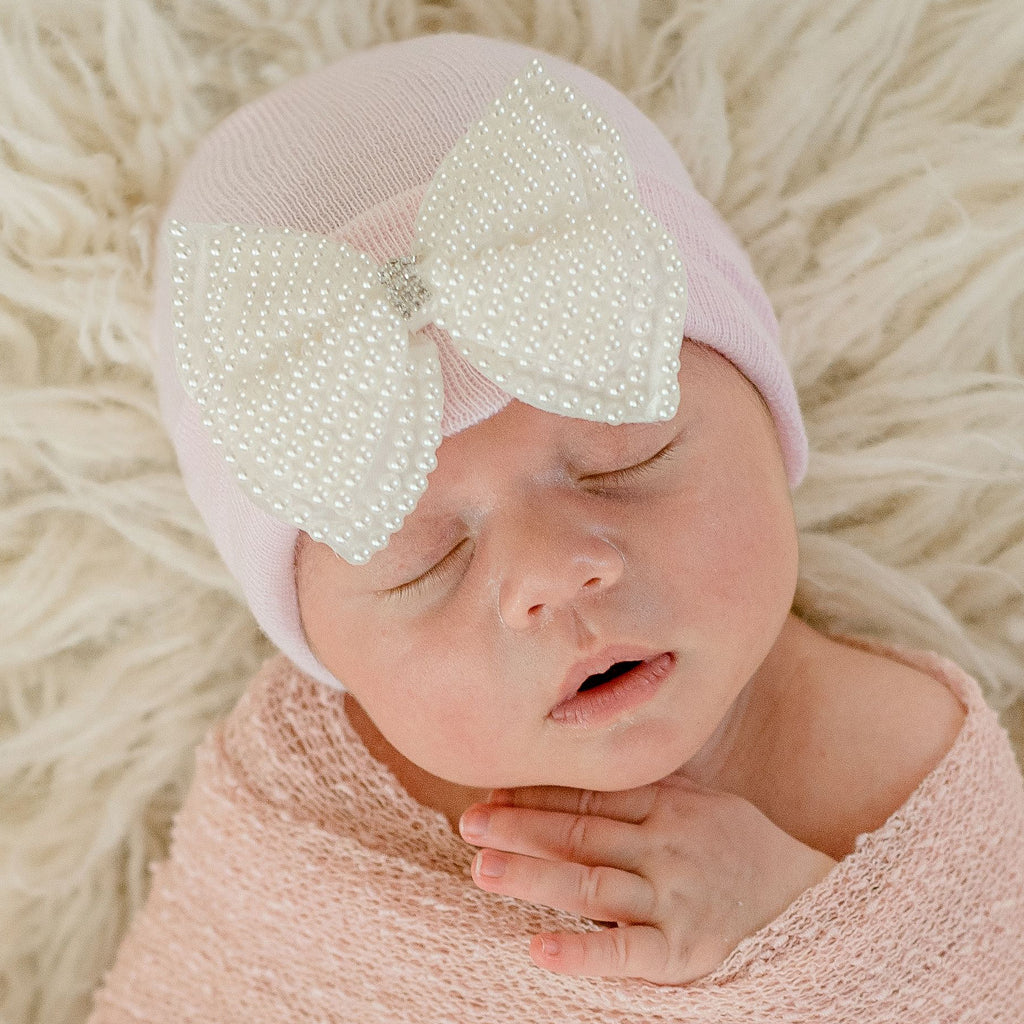 Lacey Pearl Bow Nursery Newborn Girl Pink Hospital Hat Infant Hat Newborn Hat