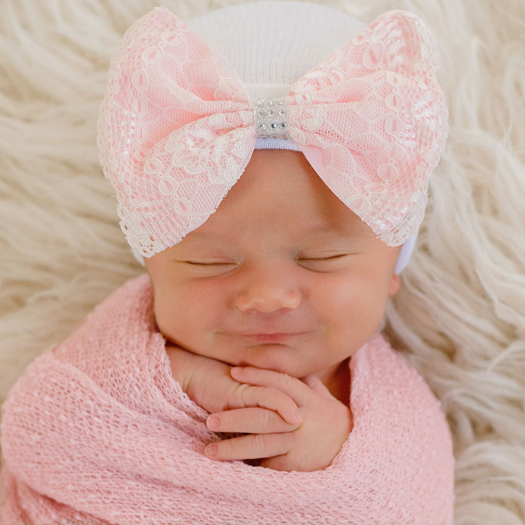 Pink Lace Bow with Silver Rhinestones on White Hospital Hat- Nursery Beanie for Girls Newborn Hat Infant Hat