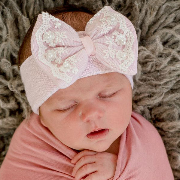 Pink Lace and Pearl Trim Newborn Baby Girl Nursery Headband With Bow - Newborn Hospital Headband