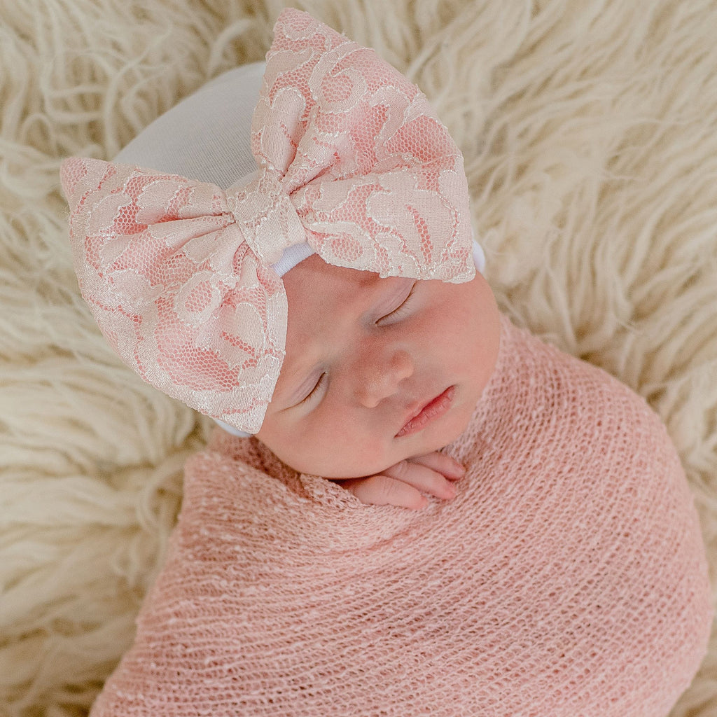 White Color Newborn Baby Girl Hospital Beanie Hat with Pink Lace Covered Bow