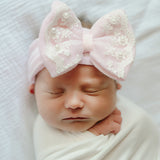 Pink Lace and Pearl Trim Newborn Baby Girl Nursery Headband With Bow - Newborn Hospital Headband
