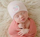 Little Sis Newborn Baby Girl Hospital Beanie Hat, Pink and White Striped or Solid White Newborn Hat Infant Beanie Hat