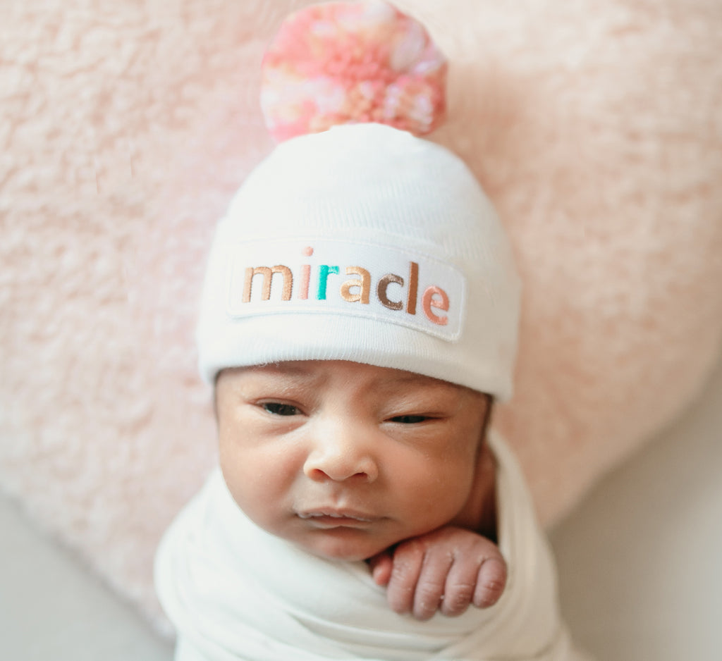 Miracle Boy Mixed Blues Pom Pom and Miracle Patch Baby Hospital Beanie Hat, White Infant Hat Newborn Hat