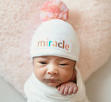 Miracle Boy Mixed Blues Pom Pom and Miracle Patch Baby Hospital Beanie Hat, White Infant Hat Newborn Hat