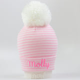 Personalized Shadow Stitch Pink and White Striped Newborn Baby Girl Hospital Beanie with White Pom Pom Hat Infant Hat Newborn Hat