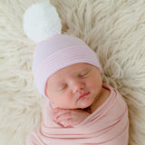 Wide Pink and White Striped Newborn Baby Girl Hospital Beanie with White Pom Pom Hat Infant Hat Newborn Hat (personalization optional)