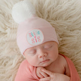 Little Sis Newborn Baby Girl Hospital Beanie Hat with Mixed Pink and White Pom Pom Infant Hat Newborn Hat, White, 0-3 Month Size