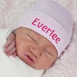 Pink & White Striped Personalized Newborn Girl Hospital Beanie Hat with Pink Letters, Pink and White Stripes