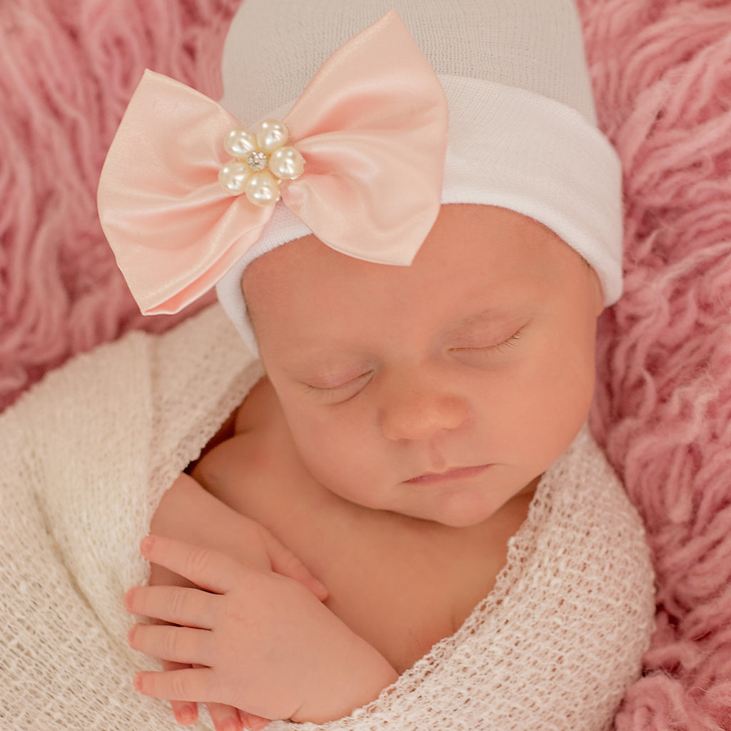 Newborn Baby Girl Hospital Beanie Hat with Pink Bow and Pearl Gem at Center, White Color Newborn Hat Infant Hat